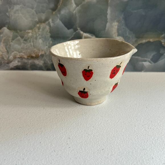 Studio Art Pottery Ceramic Matcha Bowl Hand Painted Strawberries Unique Gray - Picture 2 of 10